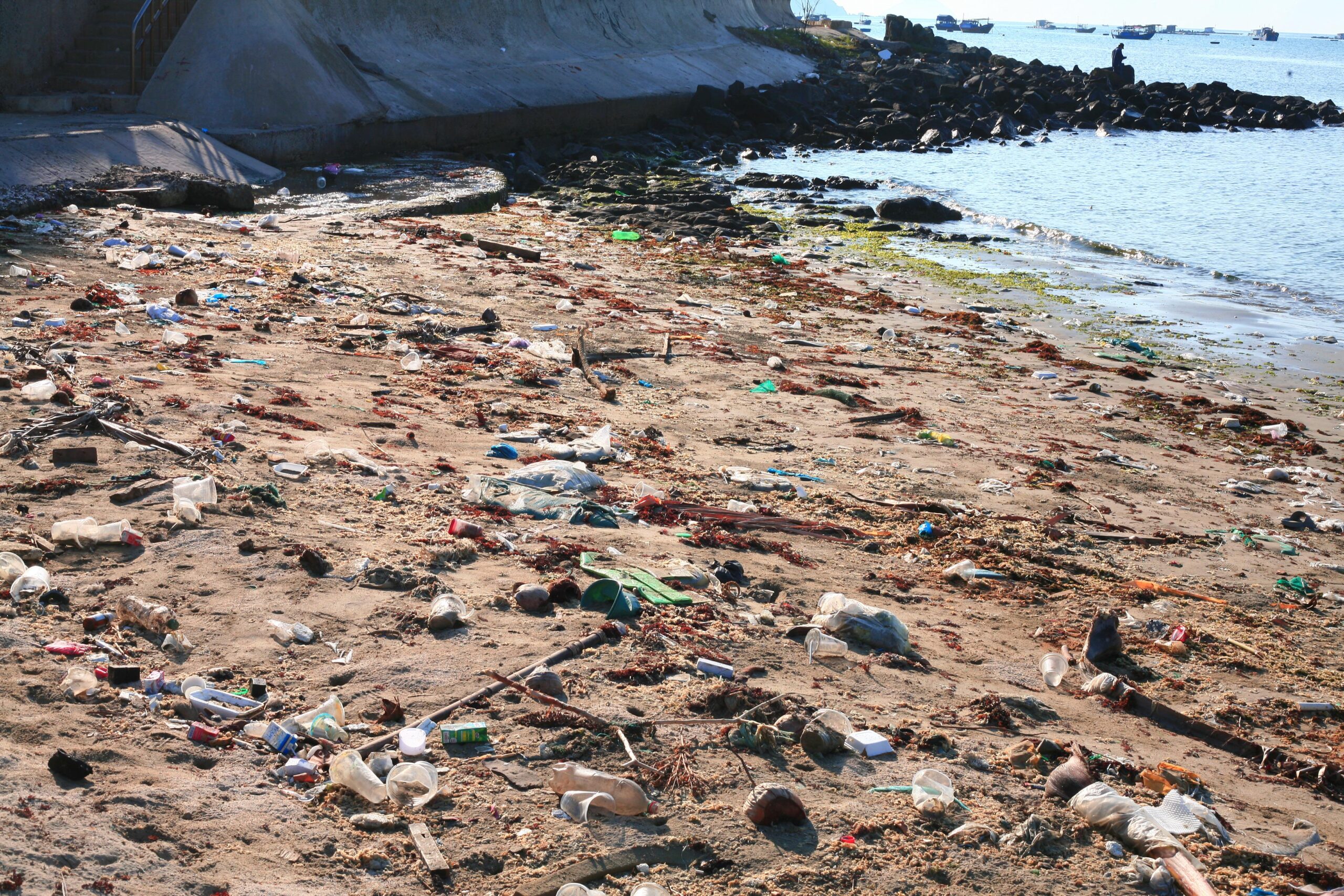 Une plage recouverte de d&eacute;chets plastiques